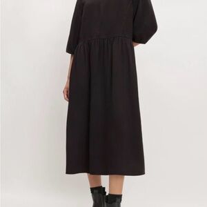 NWT EVERLANE TENCEL PUFF-SLEEVE DRESS Distressed Midi Goth Cottagecore Black XXS